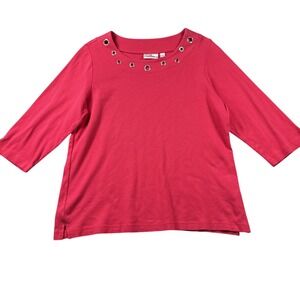 Quacker Factory Top Womens L 3/4 Sleeve Pullover Boat Neck Rhinestones Resort